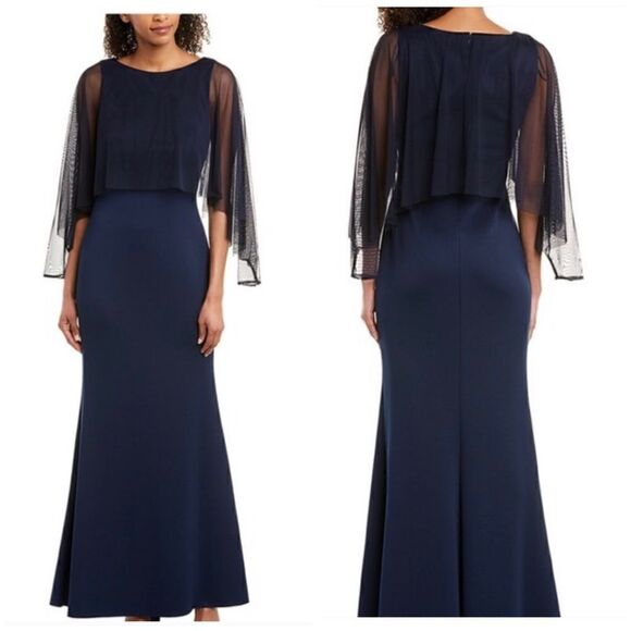 Eliza J Navy Blue Mesh Overlay Popover Sleeve Scuba Evening Maxi Gown Size 12 - Picture 1 of 12